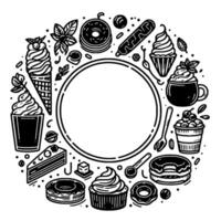 Black and white illustrated circle border with desserts including ice cream, cake, donuts, and cupcakes, with a blank space in the center. vector
