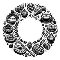 Black and white circular illustration featuring assorted pastries, coffee, and floral accents arranged in a decorative border, surrounding a central open space. vector