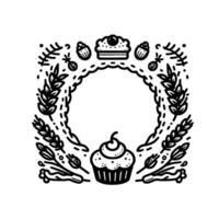 Minimalist black and white bakery illustration a circular frame of wheat, berries, and desserts, surrounding a central open space. vector