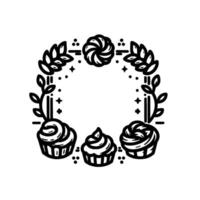 Illustration of a cupcake wreath three decorated cupcakes, leafy branches, a swirled centerpiece in a circle, black white design. vector