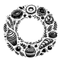 A circular illustration in black and white, featuring an arrangement of baked goods donuts, cupcakes, croissants, pastries and foliage, creating a decorative wreath with a central open space. vector