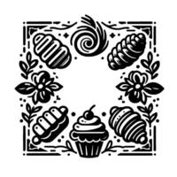 Black and white decorative bakery with floral elements and assorted pastries in a square frame. vector