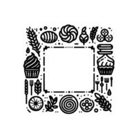 Black and white square frame with handdrawn bakery elements and empty center, perfect for foodthemed designs. vector
