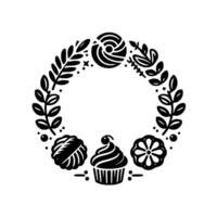 Black and white circular featuring a cupcake, floral elements, and other decorative food items within a wreath composition vector