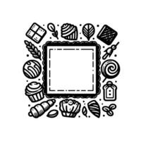 Monochromatic illustration of bakery treats surrounding a blank square frame, perfect for or menu. vector
