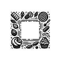 Black and white bakery frame a square composition of various baked goods, leaves, and a spoon, perfect for culinary art vector