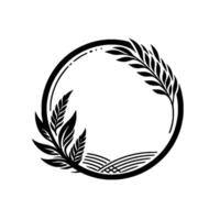 Minimalist black and white circle illustration featuring wheat stalks and landscape elements, with negative space for text. vector