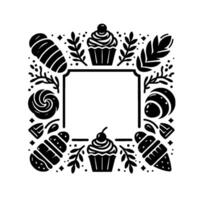 Black and white illustration of a rectangular frame bordered by cupcakes, pastries, and floral elements with a sweet treat theme. vector