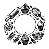 Monochrome culinary illustration of baking tools and pastries forming a circular frame, perfect for recipe or bakery branding. vector
