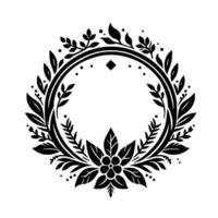 Intricate black and white floral wreath with decorative leaves, accented flower and circular frame, minimalist style. vector