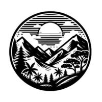 Black and white mountain landscape in a circular badge with sun, trees, and a retro aesthetic. vector