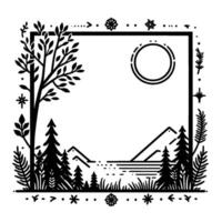 Black and white stylized nature scene in a frame, featuring trees, mountains, a sun, and botanical borders, resembling a drawing or illustration. vector