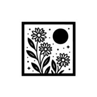 Minimalist floral square composition with daisies, moon, stars, and foliage in black and white, bohemian style vector
