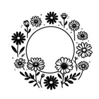 Black and white floral wreath with a central circle a minimalist botanical illustration featuring various daisylike flowers, leaves, and buds arranged around a central empty circle. vector