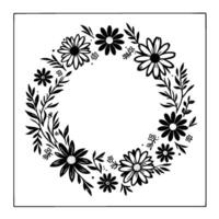 Intricate black and white floral wreath design, featuring a variety of daisylike blossoms, leaves, and smaller sprigs, centered on a square frame. vector
