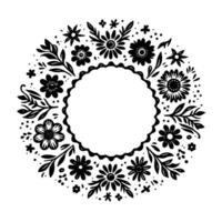 Intricate floral circle frame in black and white, featuring various flowers, leaves, and a central empty space for text or elements. vector