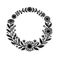 A circular black and white line drawing of a floral wreath, featuring various flowers and leaves arranged symmetrically on a plain background, creating a decorative, natural frame. vector