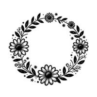 Intricate black and white floral wreath illustration with large daisies, small wildflowers, and leafy branches arranged in a perfect circle, on a white background. vector