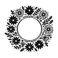 Elegant black and white floral wreath with circular center for text or placement. vector