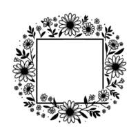 Elegant black and white floral wreath bordering a square frame, ideal for invitations or announcements. vector