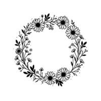 Elegant black and white floral wreath handdrawn of daisies, leaves, and tiny blossoms on a white background, creating a delicate circular frame. vector