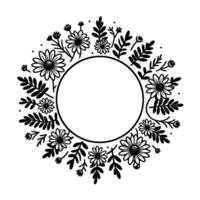 Delicate black and white floral wreath with daisies, leaves, and circular space for text, on a white background. vector