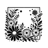 Black and white floral frame composition featuring daisies, leaves, and decorative elements within a square border. vector