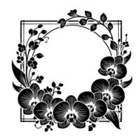 Elegant black white floral wreath design, orchids and branching elements, with rectangular border, artistic arrangement. vector