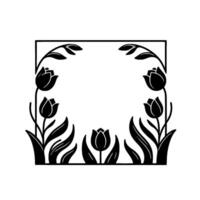 Elegant black and white floral frame with tulips and leaves, minimalist style, decorative border for various uses. vector