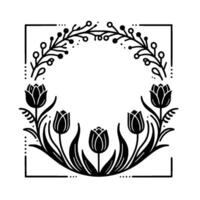 Elegant monochrome floral frame featuring stylized tulips, leafy branches, and a square border, perfect for invitations. vector
