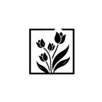 Minimalist black tulip illustration in a square frame on white background, simple floral design. vector