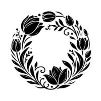 Elegant black and white floral wreath featuring tulips and foliage, perfect for invitations and decorations, centered on a white background. vector