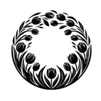 Black and white floral wreath a symmetrical, stylized illustration featuring tulips arranged in a circular frame, conveying elegance and simplicity. vector