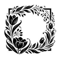 Elegant black and white floral frame with tulip and leaf design, square border for invitations or decorative elements. vector