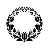Elegant circular floral design, black silhouette with tulip blossoms, leaves, and branches, on a white background. vector
