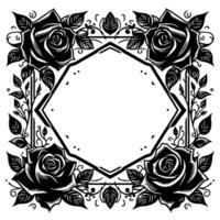 Ornate black and white rose floral frame with geometric border, elegant invitation design. vector