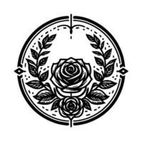 Intricate black and white circular emblem featuring roses, laurel, and decorative geometric elements, ideal for logos and tattoo designs. vector