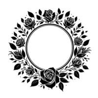 Elegant black white circular floral frame embellished with roses and foliage, featuring a blank center circle on white backdrop. vector