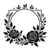 Elegant black and white floral frame with roses, leaves, and branches, circular and square vector