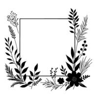 Elegant black and white floral frame with botanical elements and square border for invitations, cards, and decor. vector