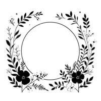 Floral circle frame illustration in black and white, showcasing botanical elements with elegant details vector