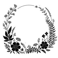 Minimalist floral wreath black and white line art of botanical elements surrounding a blank space. vector