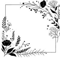 Elegant black and white botanical frame with flowers, leaves, and delicate line art, perfect for invitations and designs. vector