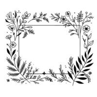 Minimalist black and white floral frame with delicate botanicals, perfect for invitations and designs, clean border. vector