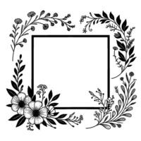Elegant black and white floral frame with square center for text or design, featuring delicate flowers and leaves. vector