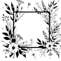 Elegant black and white floral frame, delicate line art bordered square, botanical illustration, invitation design. vector