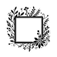 A floral frame illustration in black and white, featuring stylized leaves, flowers, and botanical elements arranged around a square center, suitable for invitations or templates. vector