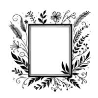 Elegant black and white floral border frame with square center for text or image insertion delicate botanical details. vector
