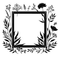 Black and white botanical frame elegant square frame, adorned with delicate leaves and blossoms in a symmetrical, minimalist style, ideal for invitations. vector