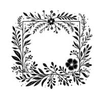 Intricate black and white floral square border embellished with leaves, berries, and elegant flower accents, perfect for invitations or vector